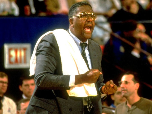 College Basketball: Big East tournament: Georgetown coach John Thompson screaming on sidelines with towel on shoulder during Quarterfinals game vs UConn at Madison Square Garden. New York, NY 3/8/`1991 CREDIT: Anthony Neste (Set Number: X41106 )