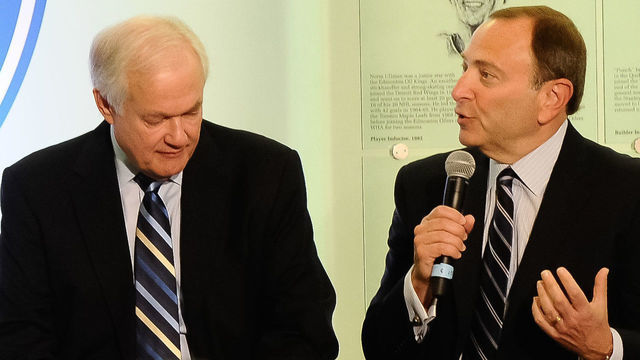 TORONTO, ON - SEPTEMBER 19: Elliott Friedman, Don Fehr and Gary Bettman speak at Hockey SENSE, in partnership with the NHL, NHLPA and Beyond Sport at the World Cup of Hockey 2016 at Hockey Hall of Fame on September 19, 2016 in Toronto, Ontario, Canada.