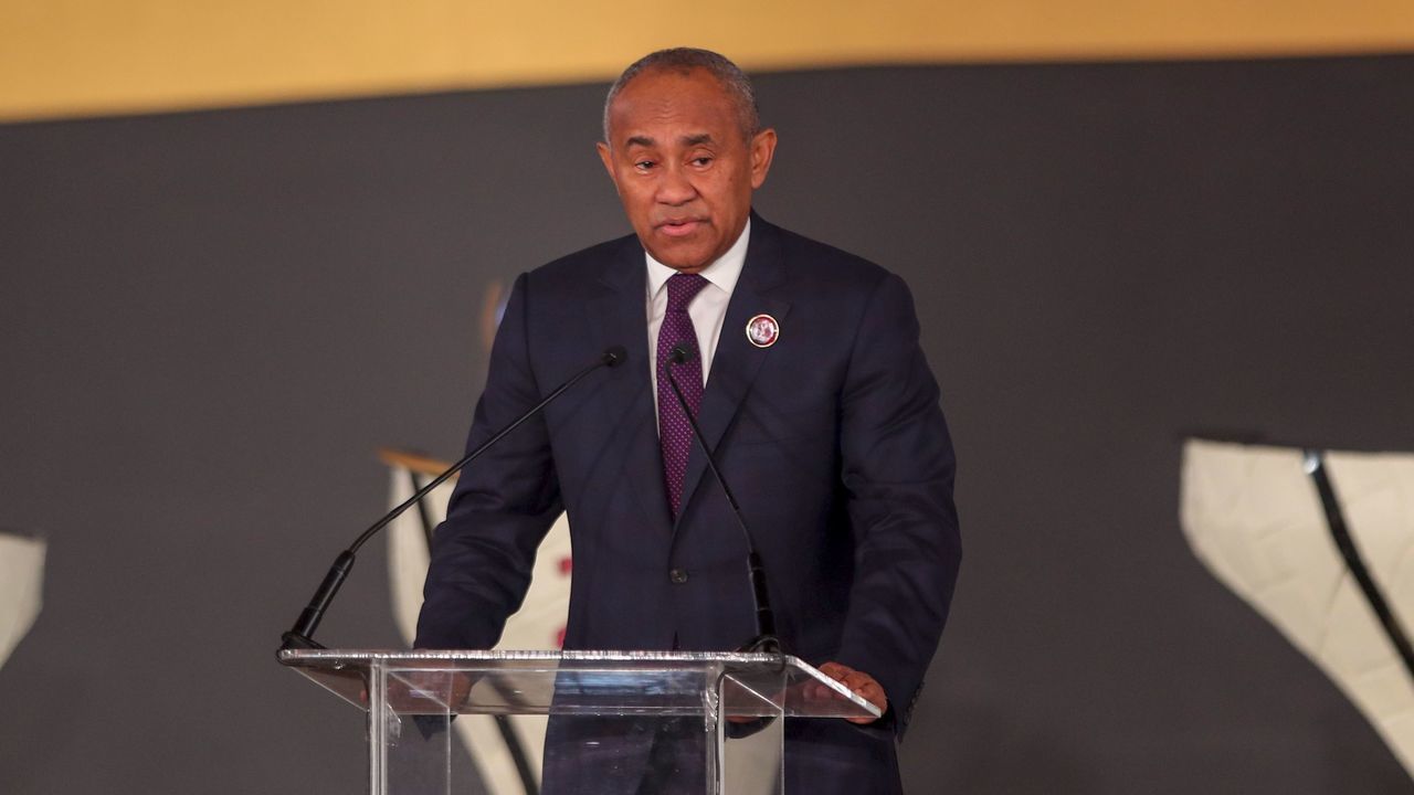 Ahmad Ahmad, President of the Confederation of African Football, speaks during the CAF draw, for the second round of Confederation of African Football (CAF) matches for 2022 FIFA World Cup qualification, in the Egyptian capital Cairo on January 21, 2020.