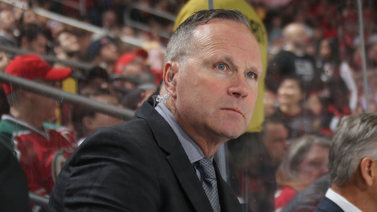 NEWARK, NEW JERSEY - FEBRUARY 05: Assistant coach Dave Lowry of the Los Angeles Kings works the bench against the New Jersey Devils at the Prudential Center on February 05, 2019 in Newark, New Jersey. The Kings defeated the Devils 5-1.