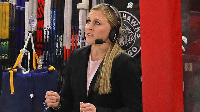 CHICAGO, ILLINOIS - MARCH 08: Kendall Coyne Schofield is part of the all-female broadcast team for the Chicago Blackhawks v the St. Louis Blues on International Women's day at the United Center on March 08, 2020 in Chicago, Illinois.