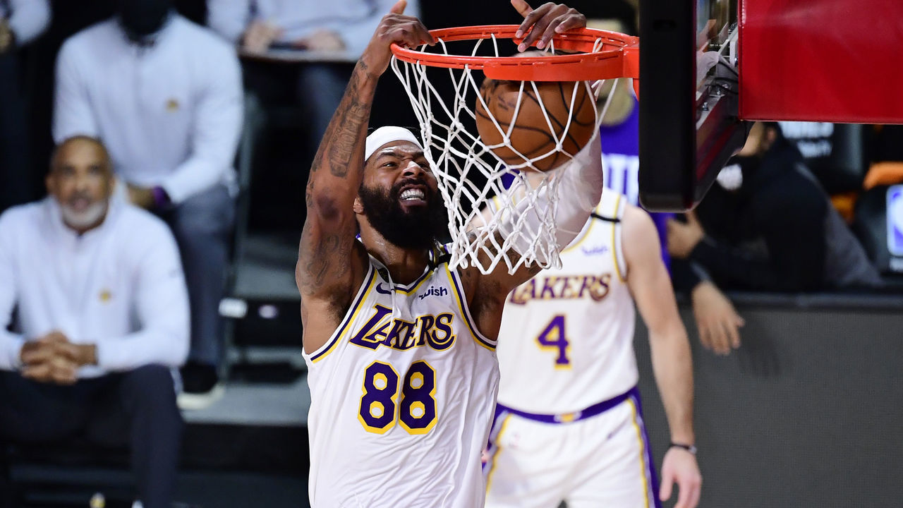 LAKE BUENA VISTA, FLORIDA - OCTOBER 04: Markieff Morris #88 of the Los Angeles Lakers dunks the ball during the first half against the Miami Heat in Game Three of the 2020 NBA Finals at AdventHealth Arena at ESPN Wide World Of Sports Complex on October 04, 2020 in Lake Buena Vista, Florida.