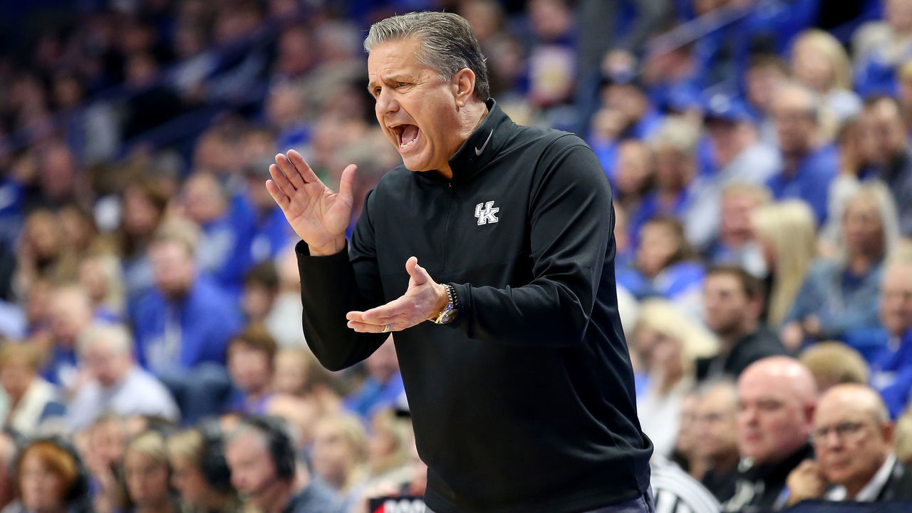 LEXINGTON, KENTUCKY - NOVEMBER 01: John Calipari the head coach of the Kentucky Wildcats gives instructions to his team against the Kentucky State Thorobreds at Rupp Arena on November 01, 2019 in Lexington, Kentucky.