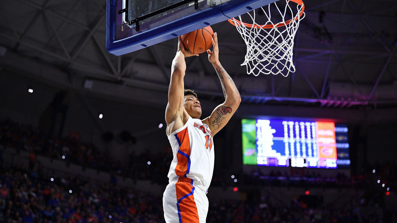 GAINESVILLE, FLORIDA - FEBRUARY 26: Keyontae Johnson #11 of the Florida Gators dunks the ball in the first half against the LSU Tigers at Stephen C. O'Connell Center on February 26, 2020 in Gainesville, Florida.
