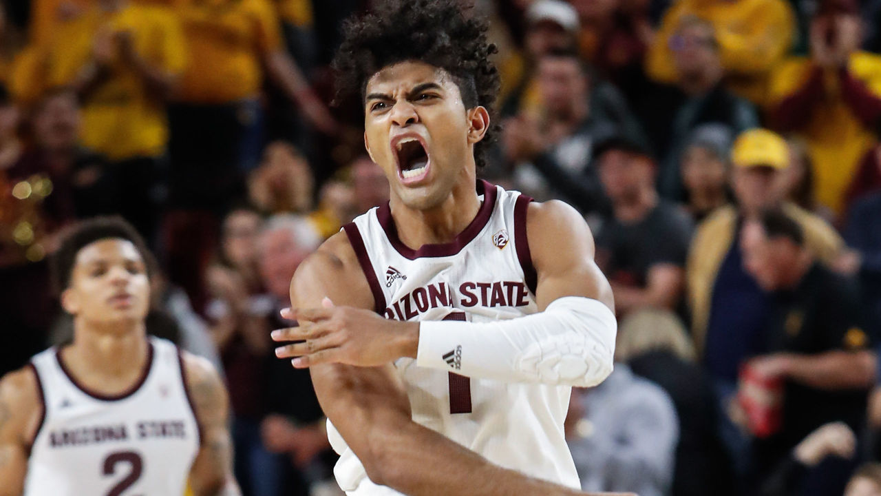 TEMPE, AZ - JANUARY 25: Arizona State Sun Devils guard Remy Martin (1) celebrates a big play during the college basketball game between the Arizona Wildcats and the Arizona State Sun Devils on January 25, 2020 at Desert Financial Arena in Tempe, Arizona.