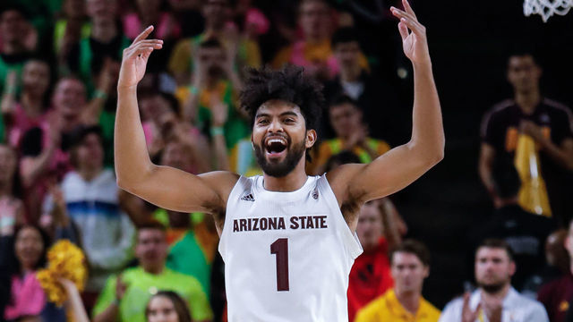 TEMPE, AZ - FEBRUARY 09: Arizona State Sun Devils guard Remy Martin (1) fires up the crowd during the college basketball game between the Washington Huskies and the Arizona State Sun Devils on February 9, 2019 at Wells Fargo Arena in Tempe, Arizona.