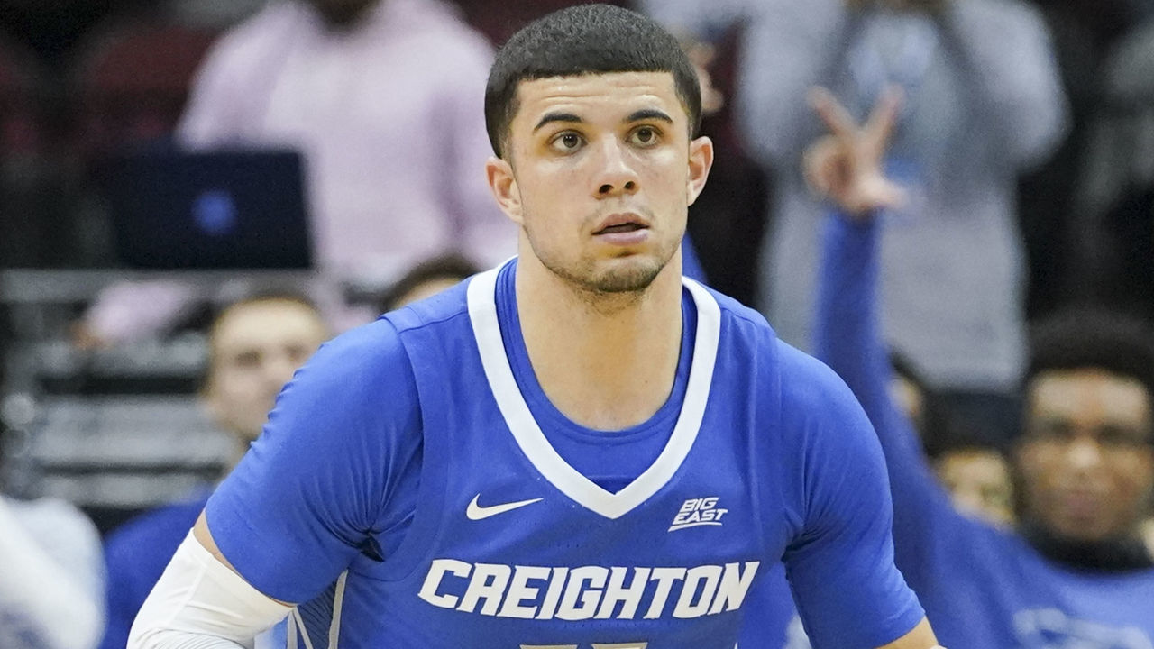NEWARK, NJ - FEBRUARY 12: Marcus Zegarowski #11 of the Creighton Bluejays dribbles the ball against the Seton Hall Pirates during a Big East Conference game at Prudential Center on February 12, 2020 in Newark, NJ.