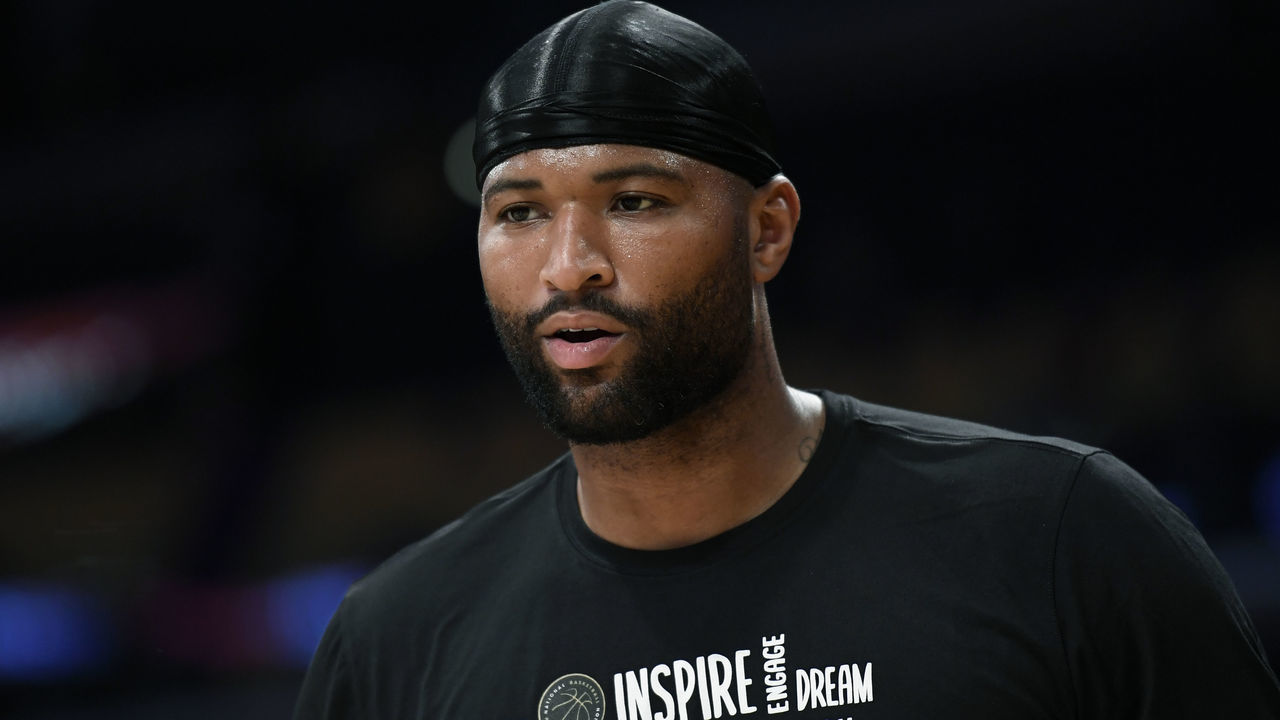 LOS ANGELES, CA - FEBRUARY 21: DeMarcus Cousins #15 of the Los Angeles Lakers works out prior to the start of a basketball game against the Memphis Grizzlies at Staples Center on February 21, 2020 in Los Angeles, California.