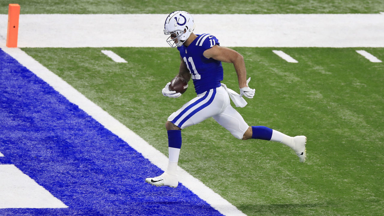 INDIANAPOLIS, INDIANA - NOVEMBER 22: Michael Pittman #11 of the Indianapolis Colts scores a touchdown during the first quarter against the Green Bay Packers in the game at Lucas Oil Stadium on November 22, 2020 in Indianapolis, Indiana.