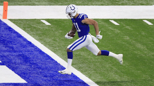 INDIANAPOLIS, INDIANA - NOVEMBER 22: Michael Pittman #11 of the Indianapolis Colts scores a touchdown during the first quarter against the Green Bay Packers in the game at Lucas Oil Stadium on November 22, 2020 in Indianapolis, Indiana.