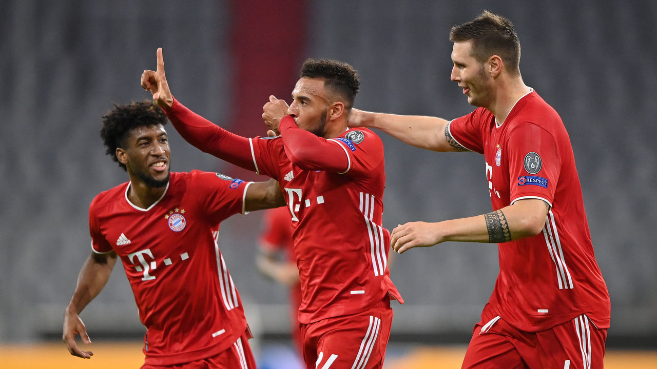 MUNICH, GERMANY - OCTOBER 21: Corentin Tolisso of Bayern Munich celebrates with teammates after scoring his team's third goal during the UEFA Champions League Group A stage match between FC Bayern Muenchen and Atletico Madrid at Allianz Arena on October 21, 2020 in Munich, Germany. The game will be played behind closed doors as a COVID-19 precaution.