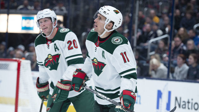 COLUMBUS, OH - FEBRUARY 28: Minnesota Wild Left Wing Zach Parise (11) and Minnesota Wild Defenceman Ryan Suter (20) skate off the ice during an NHL game between the Columbus Blue Jackets and the Minnesota Wild on February 28, 2020, at Nationwide Arena in Columbus, OH.