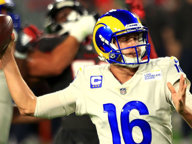 TAMPA, FLORIDA - NOVEMBER 23: Jared Goff #16 of the Los Angeles Rams looks to throw a pass against the Tampa Bay Buccaneers during the first quarter in the game at Raymond James Stadium on November 23, 2020 in Tampa, Florida.
