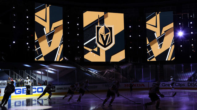 EDMONTON, ALBERTA - AUGUST 16: The Vegas Golden Knights logo is seen on the screen stand during pregame before Game Four of the Western Conference First Round of the 2020 NHL Stanley Cup Playoff between the Chicago Blackhawks and the Vegas Golden Knights at Rogers Place on August 16, 2020 in Edmonton, Alberta.