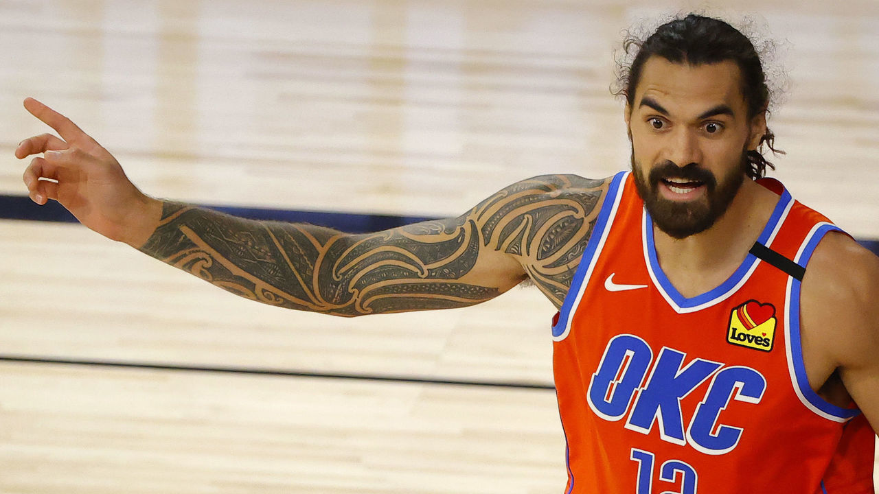 LAKE BUENA VISTA, FLORIDA - AUGUST 29: Steven Adams #12 of the Oklahoma City Thunder reacts to a call against the Houston Rockets during the second quarter in Game Five of the Western Conference First Round during the 2020 NBA Playoffs at the Field House at ESPN Wide World Of Sports Complex on August 29, 2020 in Lake Buena Vista, Florida.
