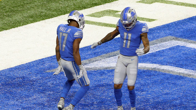 Wide receiver Marvin Hall (17) of the Detroit Lions and wide receiver Marvin Jones (11) of the Detroit Lions celebrate Marvin Halls touchdown during the first half of an NFL football game between the Washington Football Team and the Detroit Lions in Detroit, Michigan USA, on Sunday, November 15, 2020.