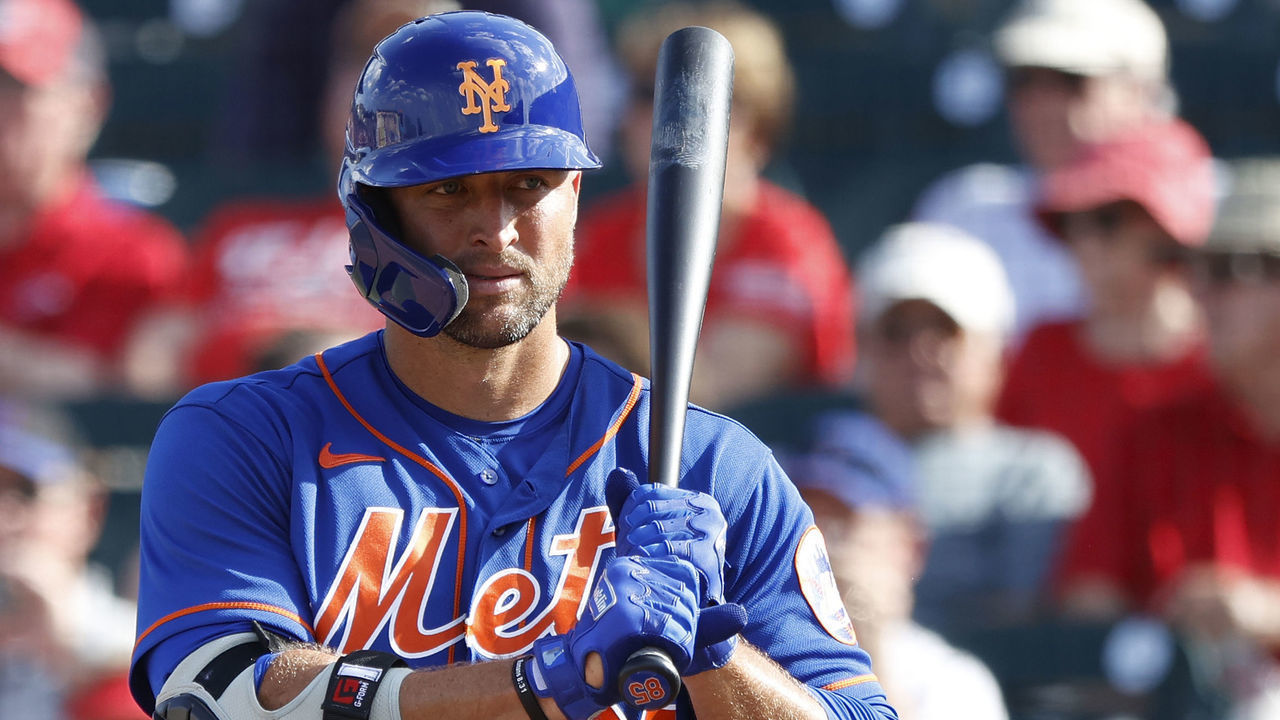 JUPITER, FL - MARCH 05: Tim Tebow #85 of the New York Mets looks on before stepping to the plate to bat against the St Louis Cardinals during a Grapefruit League spring training game at Roger Dean Stadium on March 5, 2020 in Jupiter, Florida. The game ended in a 7-7 tie.