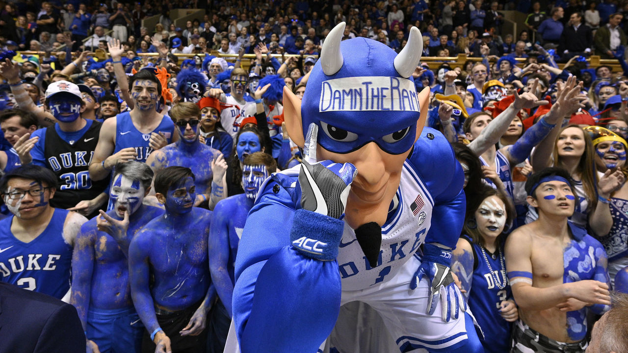 DURHAM, NORTH CAROLINA - MARCH 07: The Duke Blue Devils mascot performs during the first half of their game against the North Carolina Tar Heels at Cameron Indoor Stadium on March 07, 2020 in Durham, North Carolina.