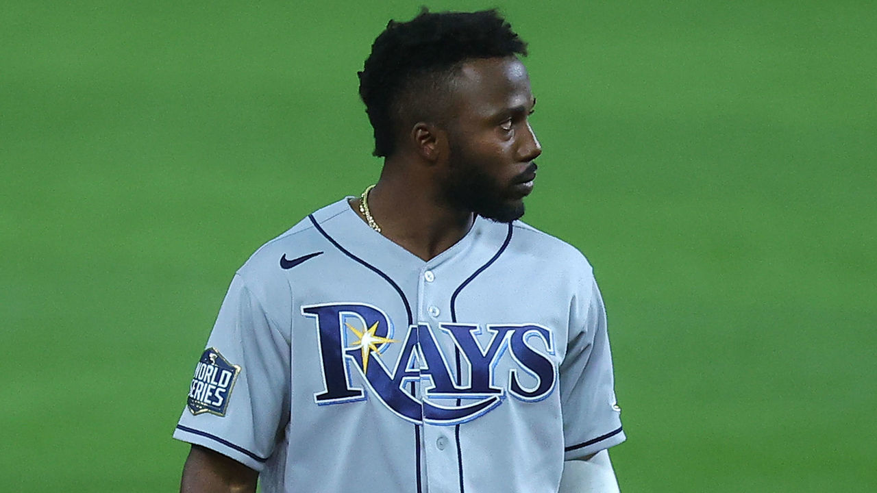 ARLINGTON, TEXAS - OCTOBER 27: Randy Arozarena #56 of the Tampa Bay Rays reacts after the end of the top of the fifth inning against the Los Angeles Dodgers in Game Six of the 2020 MLB World Series at Globe Life Field on October 27, 2020 in Arlington, Texas.