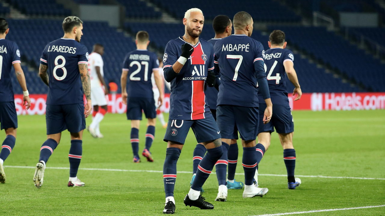 PARIS, FRANCE-NOVEMBER 24: Neymar Jr #10 of Paris Saint-Germain celebrate his goal with Kylian Mbappe #7 during the UEFA Champions League Group H stage match between Paris Saint-Germain and RB Leipzig at Parc des Princes on November 24, 2020 in Paris, France.