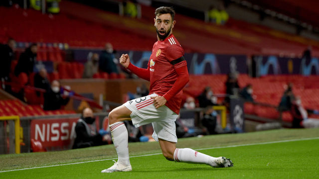 MANCHESTER, ENGLAND - NOVEMBER 24: Bruno Fernandes (18) of Manchester United celebrates after scoring a goal during UEFA Champions League Group H match between Manchester United and Medipol Basaksehir at Old Trafford in Manchester, England on November 24, 2020.