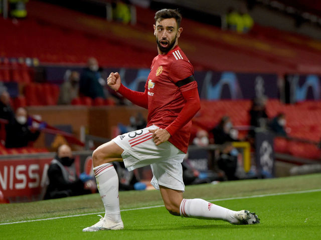 MANCHESTER, ENGLAND - NOVEMBER 24: Bruno Fernandes (18) of Manchester United celebrates after scoring a goal during UEFA Champions League Group H match between Manchester United and Medipol Basaksehir at Old Trafford in Manchester, England on November 24, 2020.