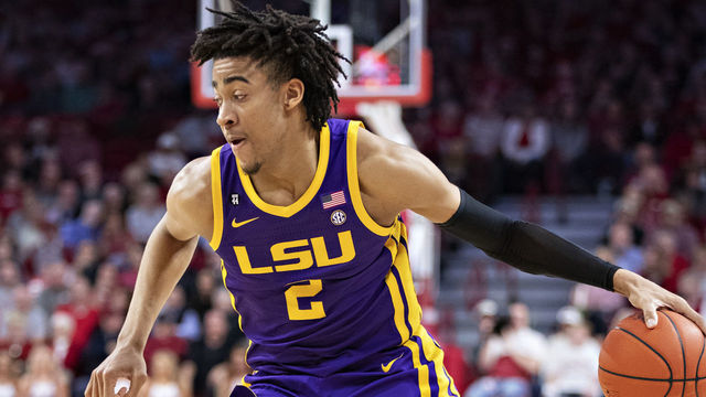 FAYETTEVILLE, AR - MARCH 4: Trendon Watford #2 of the LSU Tigers runs the offense during a game against the Arkansas Razorbacks at Bud Walton Arena on March 4, 2020 in Fayetteville, Arkansas. The Razorbacks defeated the Tigers 99-90.