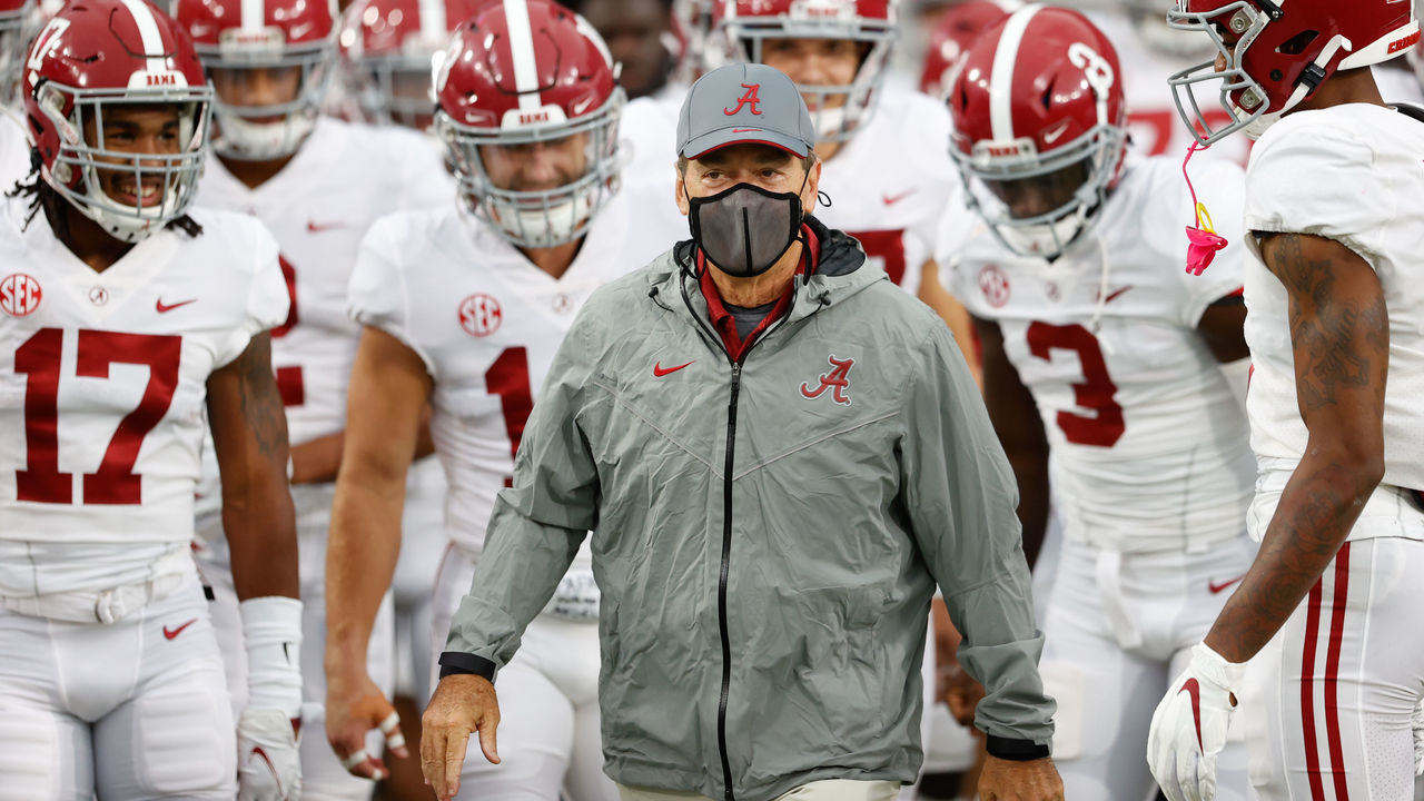 OXFORD, MS - OCTOBER 10: Head coach Nick Saban of the Alabama Crimson Tide leads his team onto the field prior to the game against the Ole Miss Rebels at Vaught Hemingway Stadium on October 10, 2020 in Oxford, Mississippi.