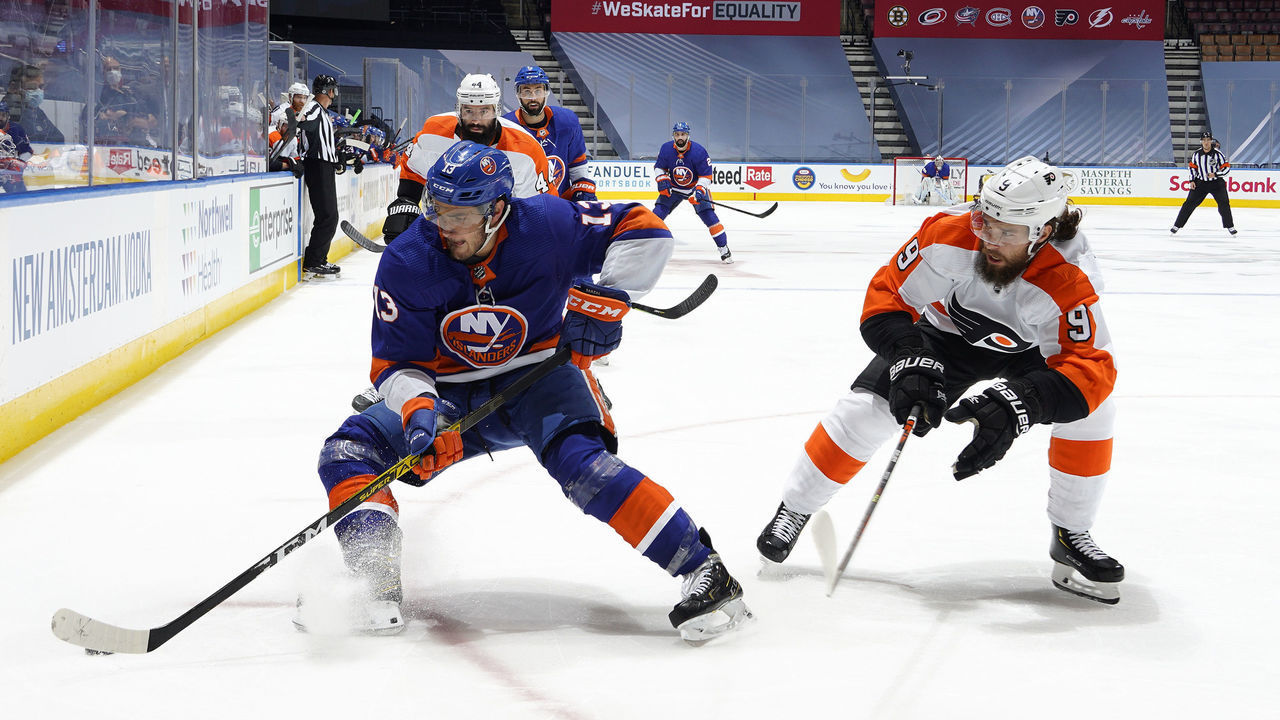 TORONTO, ONTARIO - SEPTEMBER 03: Mathew Barzal #13 of the New York Islanders turns away from Ivan Provorov #9 of the Philadelphia Flyers in the first period of Game Six of the Eastern Conference Second Round of the 2020 NHL Stanley Cup Playoff between the Philadelphia Flyers and the New York Islanders at Scotiabank Arena on September 03, 2020 in Toronto, Ontario.
