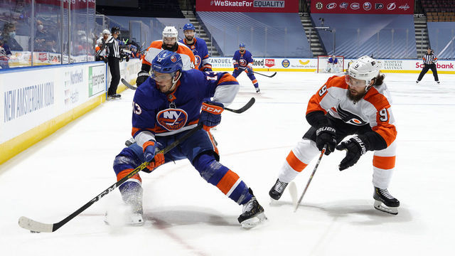 TORONTO, ONTARIO - SEPTEMBER 03: Mathew Barzal #13 of the New York Islanders turns away from Ivan Provorov #9 of the Philadelphia Flyers in the first period of Game Six of the Eastern Conference Second Round of the 2020 NHL Stanley Cup Playoff between the Philadelphia Flyers and the New York Islanders at Scotiabank Arena on September 03, 2020 in Toronto, Ontario.