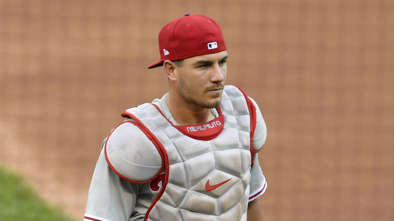 WASHINGTON, DC - AUGUST 25: Philadelphia Phillies catcher/DH J.T. Realmuto (10) walks off the field during the Philadelphia Phillies vs. Washington Nationals MLB game at Nationals Park on August 25, 2020 in Washington, D.C..