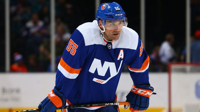 UNIONDALE, NEW YORK - FEBRUARY 23: Johnny Boychuk #55 of the New York Islanders skates against the San Jose Sharks at NYCB Live's Nassau Coliseum on February 23, 2020 in Uniondale, New York. New York Islanders defeated the San Jose Sharks 4-1.
