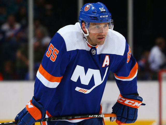 UNIONDALE, NEW YORK - FEBRUARY 23: Johnny Boychuk #55 of the New York Islanders skates against the San Jose Sharks at NYCB Live's Nassau Coliseum on February 23, 2020 in Uniondale, New York. New York Islanders defeated the San Jose Sharks 4-1.