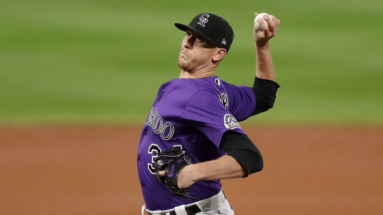 DENVER, COLORADO - SEPTEMBER 18: Pitcher Jeff Hoffman #34 of the Colorado Rockies throws in the fifth inning against the Los Angeles Dodgers at Coors Field on September 18, 2020 in Denver, Colorado.