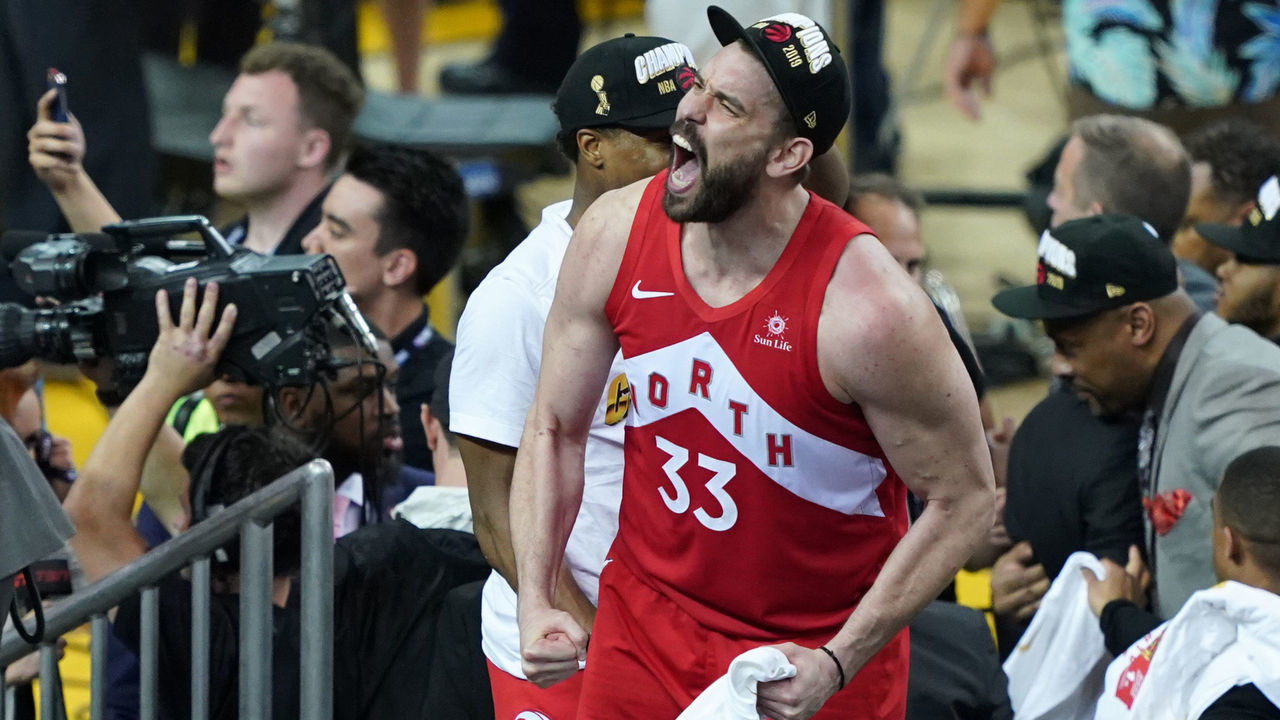 OAKLAND, CALIFORNIA - JUNE 13 Marc Gasol #33 of the Toronto Raptors celebrates his teams victory over the Golden State Warriors in Game Six to win the 2019 NBA Finals at ORACLE Arena on June 13, 2019 in Oakland, California.