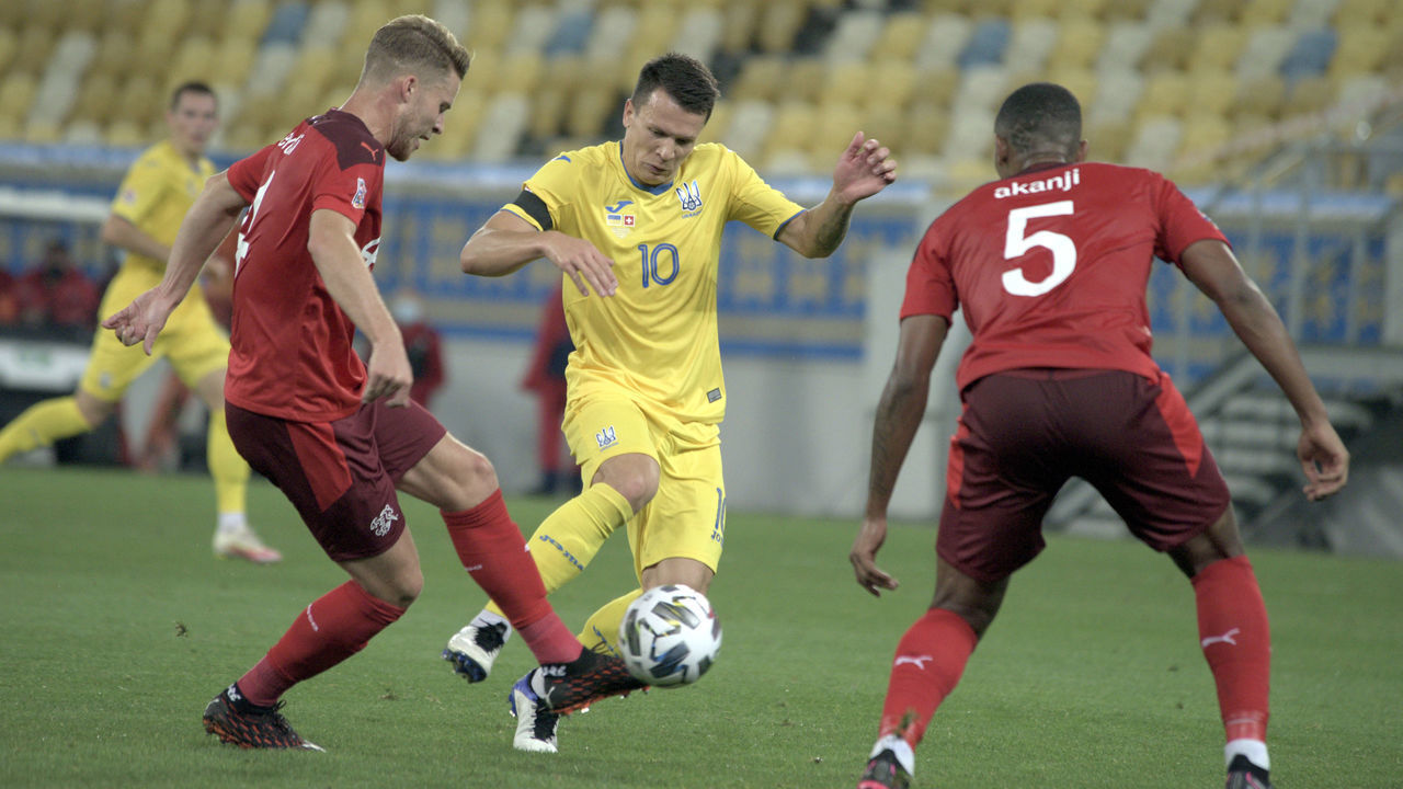 LVIV, UKRAINE - SEPTEMBER 3, 2020 - Midfielder Yevhen Konoplyanka (C) of Ukraine is seen in action with defenders Nico Elvedi (L) and Manuel Akanji (R) of Switzerland during the UEFA Nations League League A Group 4 match at the Arena Lviv, Lviv, western Ukraine. - PHOTOGRAPH BY Ukrinform / Barcroft Studios / Future Publishing