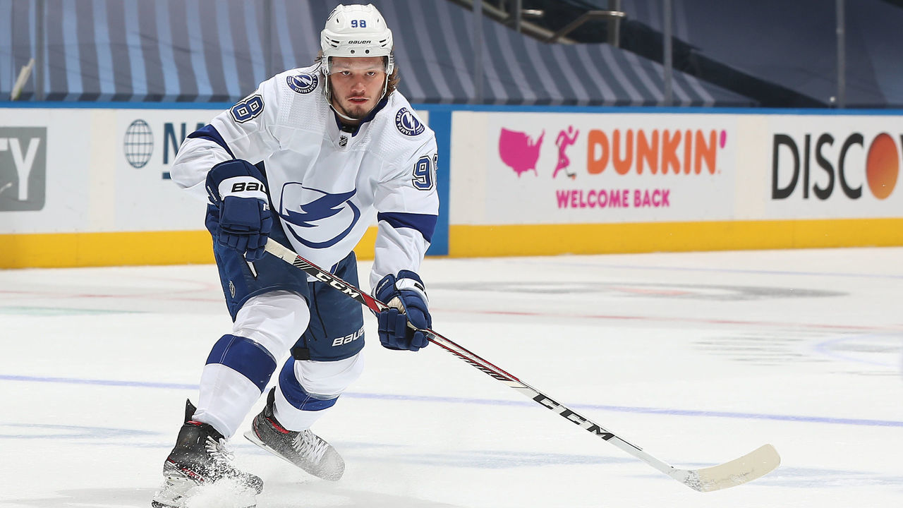 TORONTO, ONTARIO - AUGUST 05: Mikhail Sergachev #98 of the Tampa Bay Lightning skates in the first period of a Round Robin game during the 2020 NHL Stanley Cup Playoff at Scotiabank Arena on August 05, 2020 in Toronto, Ontario.