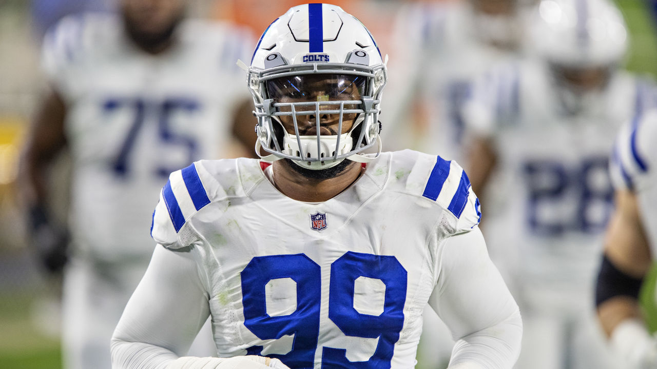 NASHVILLE, TN - NOVEMBER 12: DeForest Buckner #99 of the Indianapolis Colts jogs off the field before a game against the Tennessee Titans at Nissan Stadium on November 12, 2020 in Nashville, Tennessee. The Colts defeated the Titans 34-17.