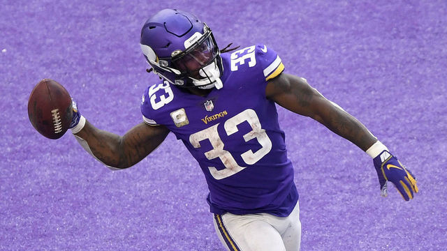 MINNEAPOLIS, MINNESOTA - NOVEMBER 08: Dalvin Cook #33 of the Minnesota Vikings runs the ball in for a touchdown against the Detroit Lions at U.S. Bank Stadium on November 08, 2020 in Minneapolis, Minnesota.