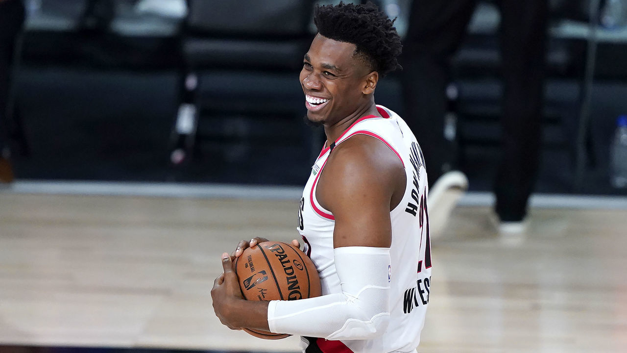 LAKE BUENA VISTA, FLORIDA - AUGUST 13: Hassan Whiteside #21 of the Portland Trail Blazers reacts after missing a wide-open dunk and being fouled by the Brooklyn Nets during the first half at AdventHealth Arena at ESPN Wide World Of Sports Complex on August 13, 2020 in Lake Buena Vista, Florida.
