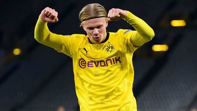 DORTMUND, GERMANY - NOVEMBER 24: (BILD ZEITUNG OUT) Erling Haaland of Borussia Dortmund celebrates after scoring his team's first goal during the UEFA Champions League Group F stage match between Borussia Dortmund and Club Brugge KV at Signal Iduna Park on November 24, 2020 in Dortmund Germany.