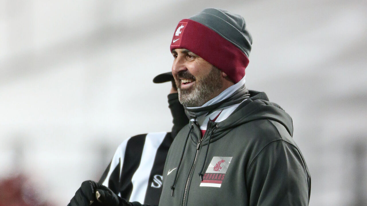 PULLMAN, WASHINGTON - NOVEMBER 14: Head coach Nick Rolovich of the Washington State Cougars looks on in the first half against the Oregon Ducks at Martin Stadium on November 14, 2020 in Pullman, Washington.