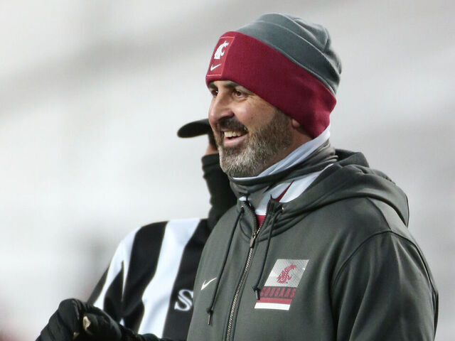 PULLMAN, WASHINGTON - NOVEMBER 14: Head coach Nick Rolovich of the Washington State Cougars looks on in the first half against the Oregon Ducks at Martin Stadium on November 14, 2020 in Pullman, Washington.