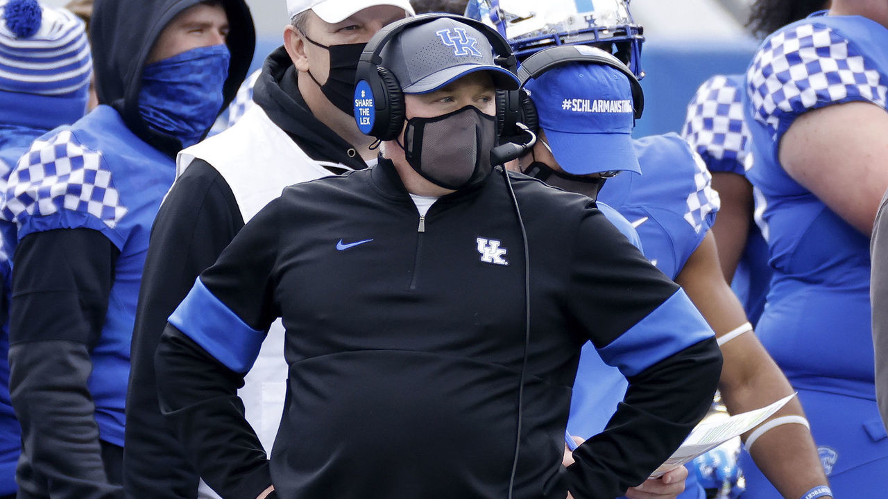 LEXINGTON, KY - NOVEMBER 14: Head coach Mark Stoops of the Kentucky Wildcats looks on against the Vanderbilt Commodores in the third quarter of the game at Kroger Field on November 14, 2020 in Lexington, Kentucky. Kentucky defeated Vanderbilt 38-35.