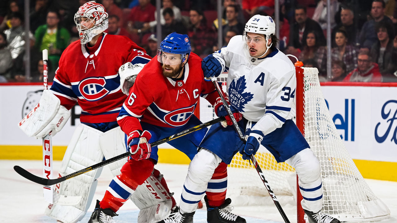 MONTREAL, QC - OCTOBER 26: Montreal Canadiens defenceman Shea Weber (6) and Toronto Maple Leafs center Auston Matthews (34) battle for position during the Toronto Maple Leafs versus the Montreal Canadiens game on October 26, 2019, at Bell Centre in Montreal, QC