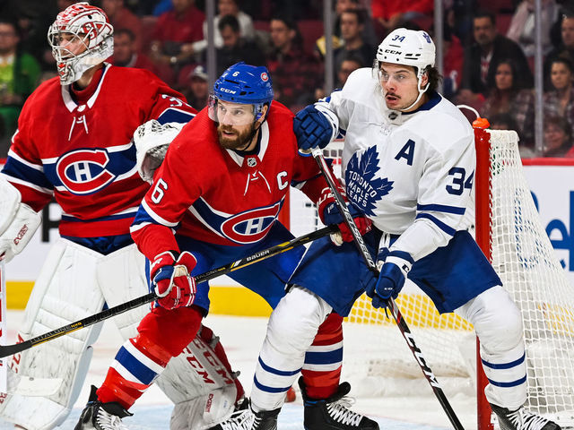 MONTREAL, QC - OCTOBER 26: Montreal Canadiens defenceman Shea Weber (6) and Toronto Maple Leafs center Auston Matthews (34) battle for position during the Toronto Maple Leafs versus the Montreal Canadiens game on October 26, 2019, at Bell Centre in Montreal, QC