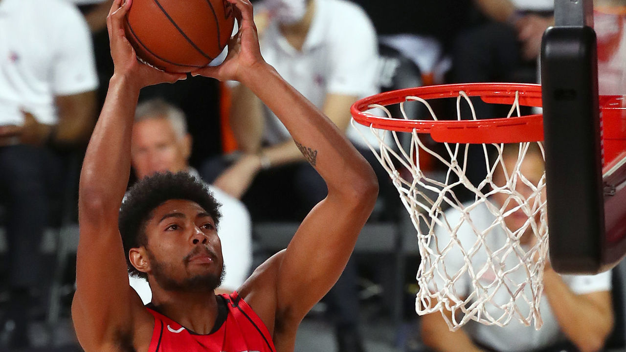 LAKE BUENA VISTA, FLORIDA - AUGUST 14: Bruno Caboclo #5 of the Houston Rockets dunks the ball during the second half against the Philadelphia 76ers at AdventHealth Arena at ESPN Wide World Of Sports Complex on August 14, 2020 in Lake Buena Vista, Florida.