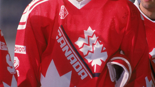 Canadian hockey player Brent Tully, defenceman for the Canadian national junior team, stands in line with his teammates at the 1993 World Junior Championship, where Team Canada won the gold medal, and where Tully was named to the tournament's all-star team, Gavle, Gavleborg, Sweden, 1993.