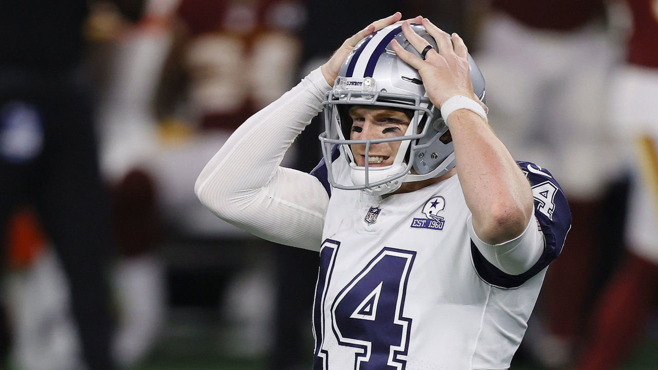 ARLINGTON, TEXAS - NOVEMBER 26: Andy Dalton #14 of the Dallas Cowboys reacts to an incomplete touchdown pass during the third quarter of a game against the Washington Football Team at AT&T Stadium on November 26, 2020 in Arlington, Texas.
