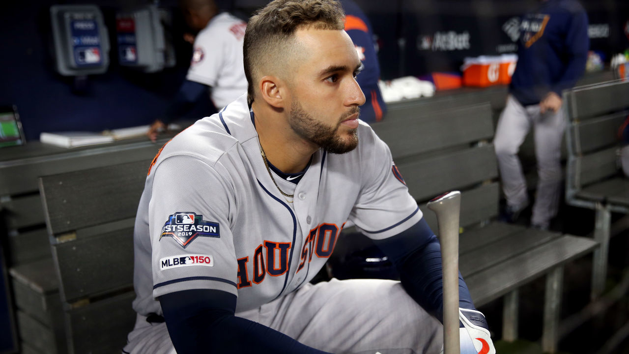 BRONX, NY - OCTOBER 17: George Springer #4 of the Houston Astros looks on from the dugout prior to Game 4 of the ALCS between the Houston Astros and the New York Yankees at Yankee Stadium on Thursday, October 17, 2019 in the Bronx borough of New York City.